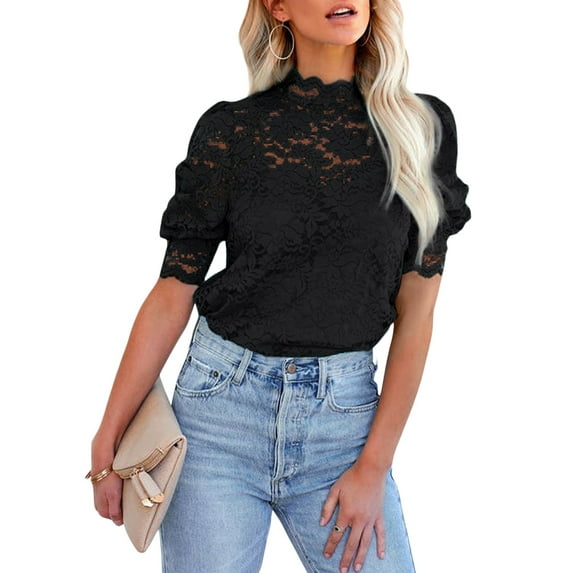 Asyoly Womens Lace Tops Casual Crochet Puff Short Sleeve Mock Neck Blouses Solid Color Shirts with Separable Cami