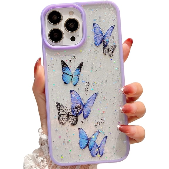 case for iPhone 14 Pro Case Cute for Women Glitter Butterfly iPhone 14 Pro Phone Cases Girls Soft TPU Clear Sparkle Trendy Shockproof Bumper iPhone 14 Pro Case Cover 5G 6.1 Inch (Purple)