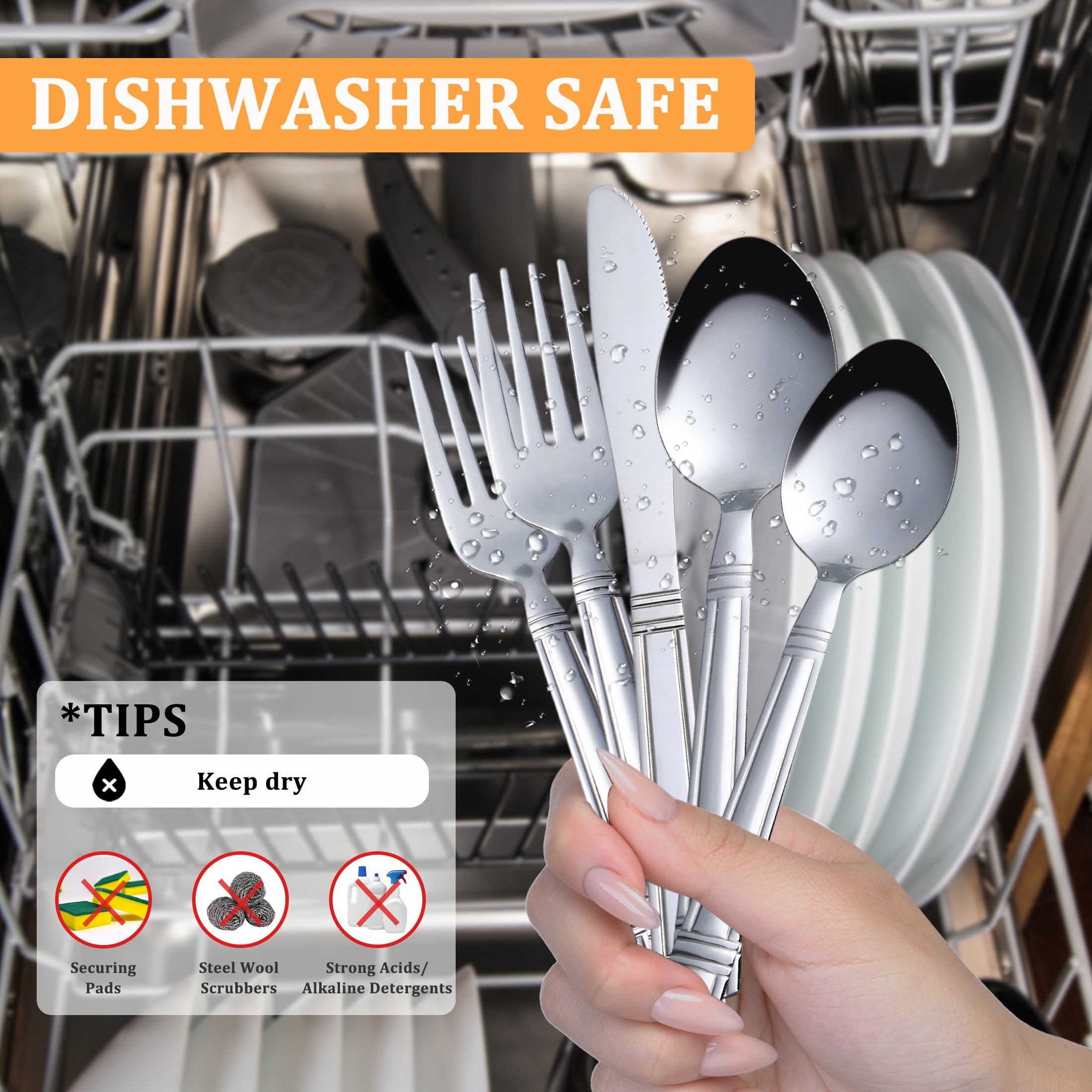 Mainstays 49 Piece Elena Adult Stainless Steel Flatware and Organizer Tray Value Set Silver, Service for 8