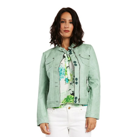 Miss Halladay Womens Washed Green Vegan Leather Moto Jacket Belted Mandarin