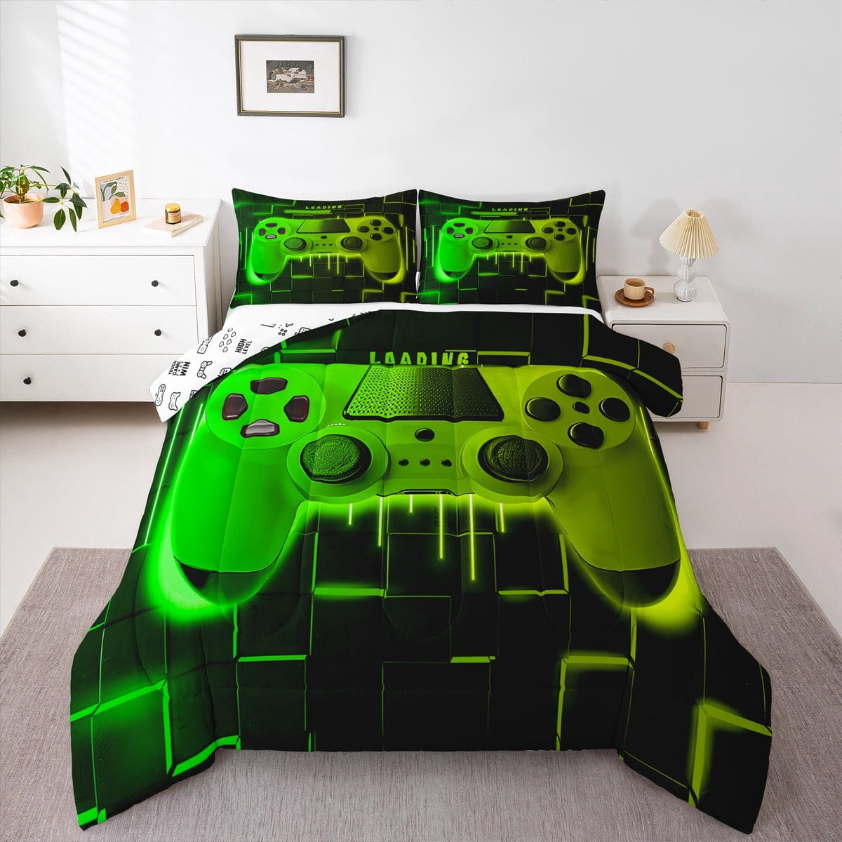 Green Yellow Gaming Full Size Comforter Sets - Gamer Comforter Full Size Bedding Set, Neon Lights Abstract Geometry Design Gamer Room Decor