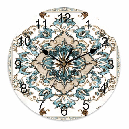 Wall Clock 14 Inch Boho Round Silent Decorative Wall Clocks Battery Operated for Living Room Bedroom Kitchen Classroom Decor, Retro Pattern Aqua Blue,Large