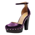 thumbnail image 3 of FSJ Women Retro Round Closed Toe Sandals Studded Rivet Platform Ankle Strap Chunky Block Heel Pumps Office Church Shoes Size 9.5 Purple, 3 of 5