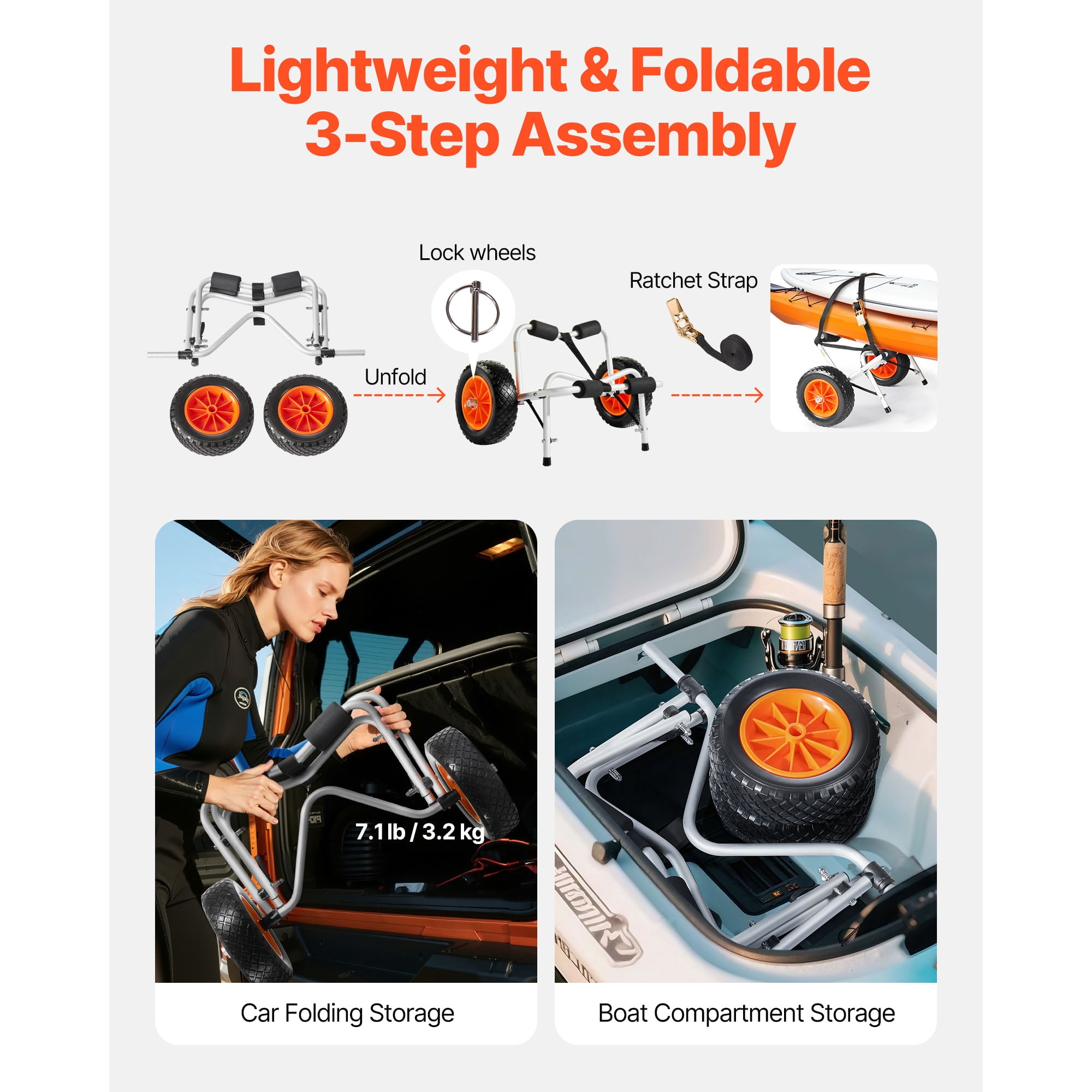 VEVOR Kayak Cart, 250 lbs Load Capacity, Foldable Kayak Trolley with 10-inch Solid Rubber Tires & 1 Ratchet Strap, Paddle Board Trolley for Carrying Kayaks, Canoes, Paddleboards, Float Mats,Jon Boats