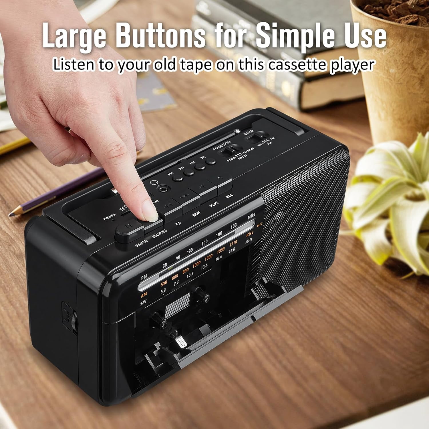 Cassette Tape Player Bluetooth Boombox, Cassette Player AM/FM/SW Radio Stereo, Tape Player/Recorder with Big Speaker and Earphone Jack, USB/TF Card Player, AC Powered or Battery Operated Black
