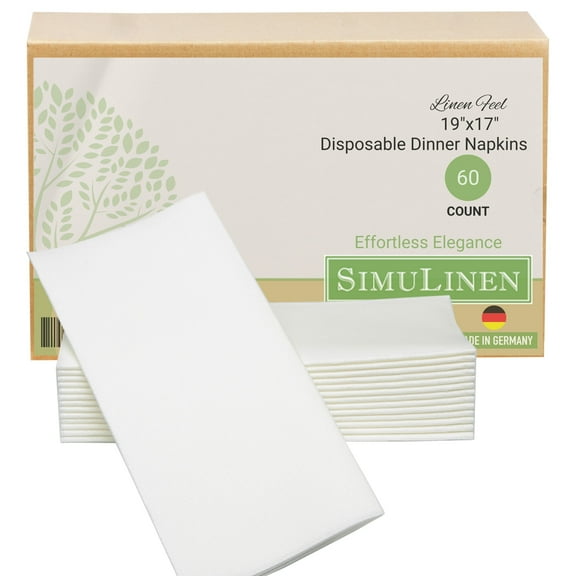 SimuLinen 19"x17" Signature White - Decorative, Soft, Cloth like & Disposable Dinner Napkins – 60ct