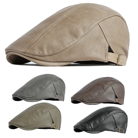 sunsanly Men Advanced Hat Retro Faux Leather Retro British Style Solid Color Firm Stitching Windproof Thicken Warm Beret Newsboy Cap
