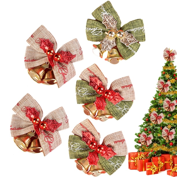 15 piezas de lazos navideños con cascabeles, mini lazos de cinta, lazos de arpillera para coronas, lazos rojos, dorados y verdes, adornos colgantes de lazos de corona de Navidad para decoraciones de