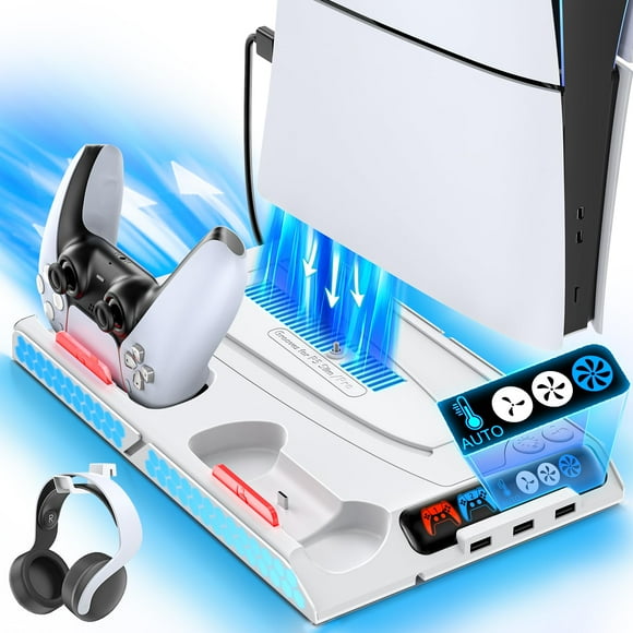 KDD Station de Refroidissement PS5/Slim/Pro avec Station de Charge Double pour Tous les Disques PlayStation 5 & Numérique, Base de Support PS5 avec Ventilateur de Refroidissement Automatique par Contrôle de Température & 9 LED L