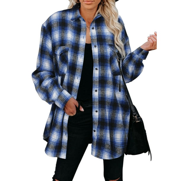 EVALESS Womens Spring/Fall Classic Plaid Flannel Button Down Blouses V ...