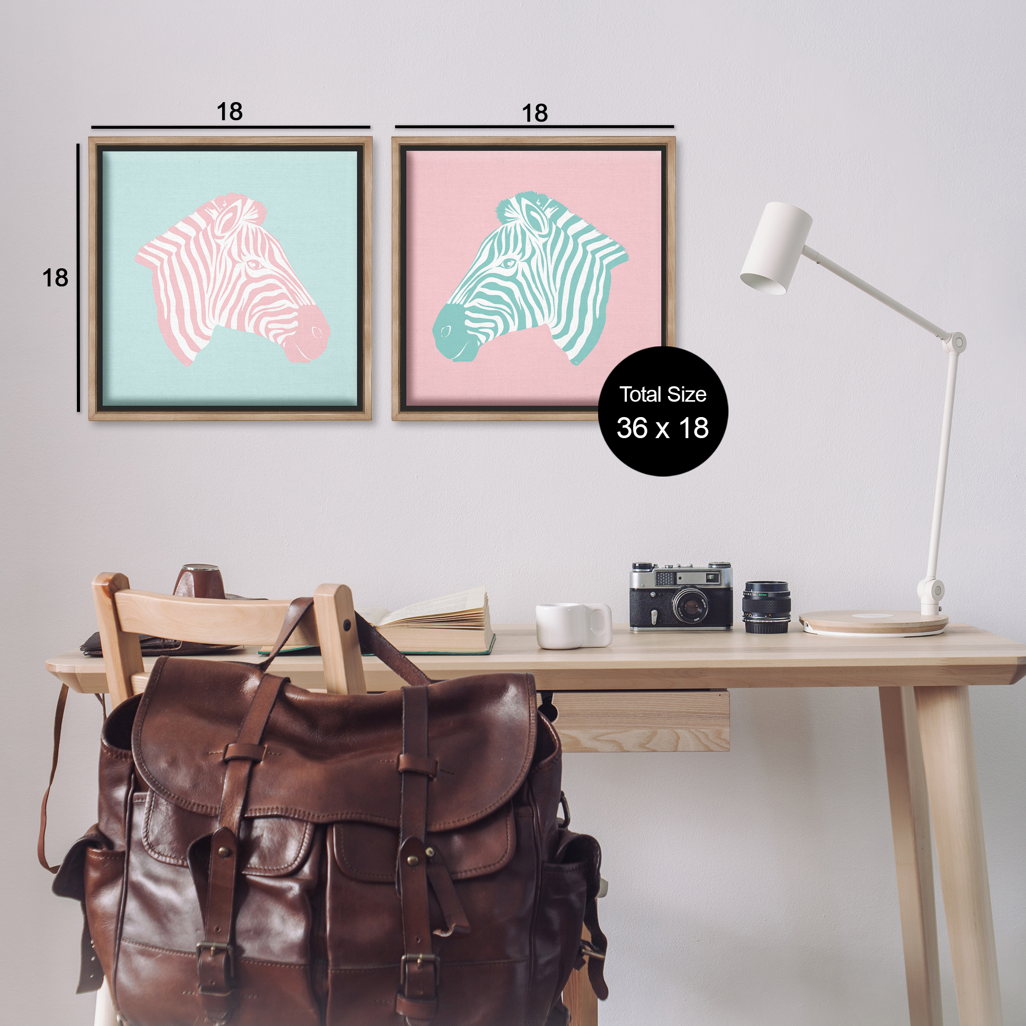 Stupell Industries Sweet Pink and Teal Zebras Animals Painting Brown Floater Framed Canvas Art Print Wall Art, 18 x 18, Set of 2