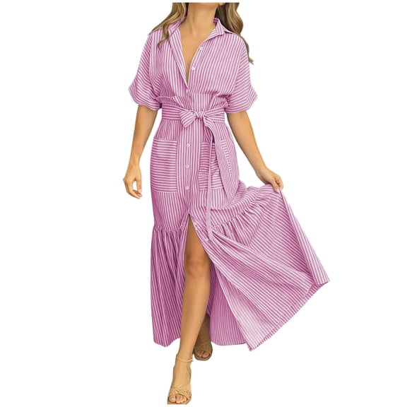 PBFRDSJ Womens Summer Dresses V Neck Striped Button Down Shirt Dress Half Sleeve Tiered Maxi Sundress with Adjustable Belt