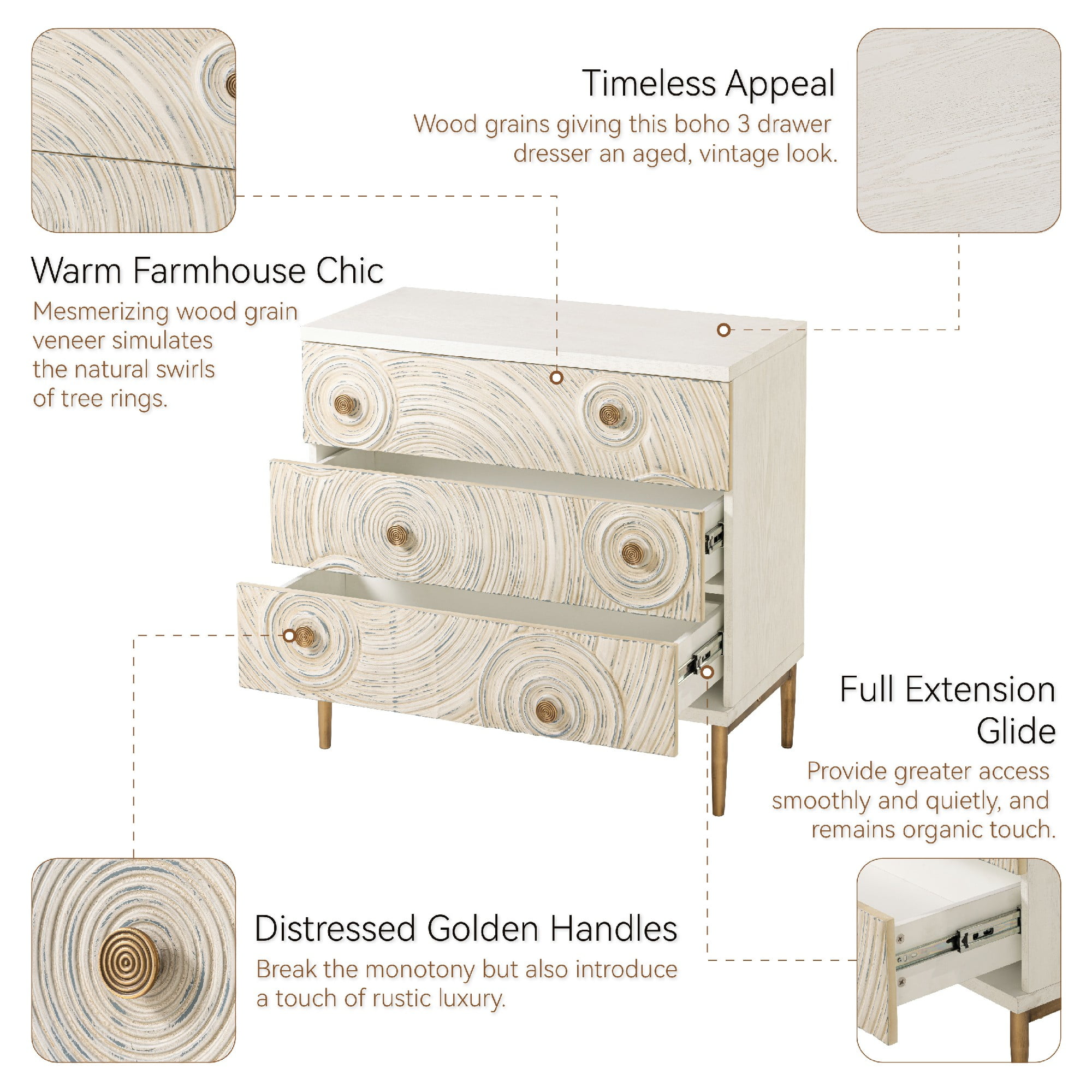 COZAYH Embossed 3 Drawer Farmhouse Dresser with Ring Motif, Distressed Boho Nightstand for Bedroom, Entryway, French Country, White & Gold