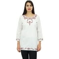 thumbnail image 3 of Phagun Women's White Cotton Round Neck Embroidered Ladies Tunic Blouse Top - 6, 3 of 9