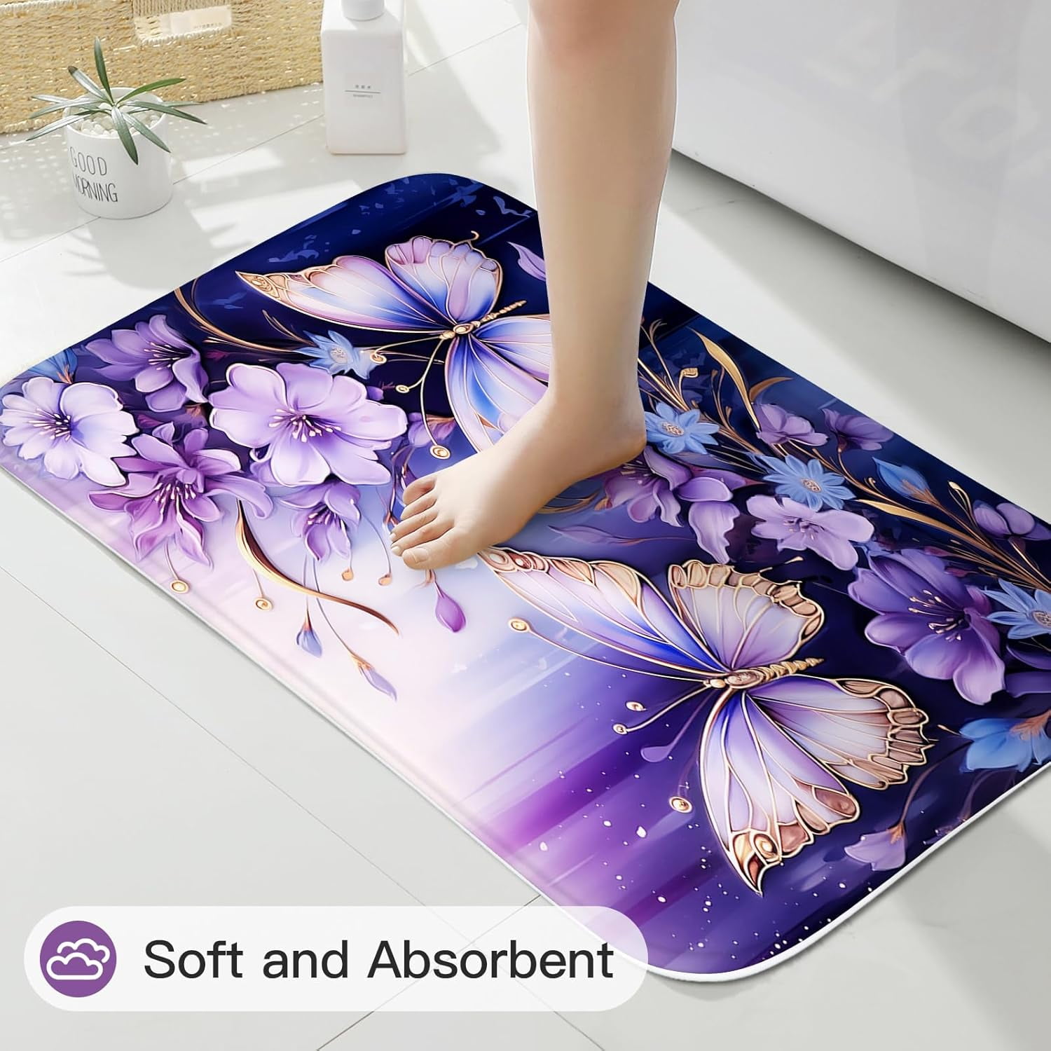 4 Pcs Purple Floral Butterfly Shower Curtain Set with Non-Slip Rugs, Modern Toilet Lid Cover and Bath Mat, Elegant Bathroom Decor Set with Shower Curtain and Rugs(Hooks Not Included)