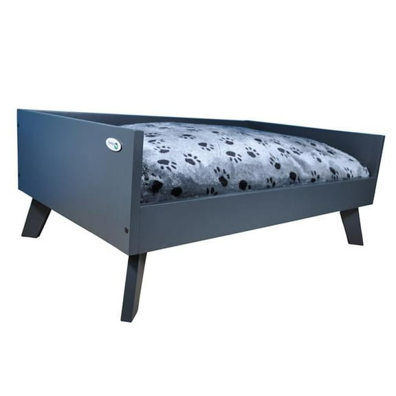 Sassy Paws Raised Wooden Pet Bed with Removable Cushion, Charcoal Gray - Large