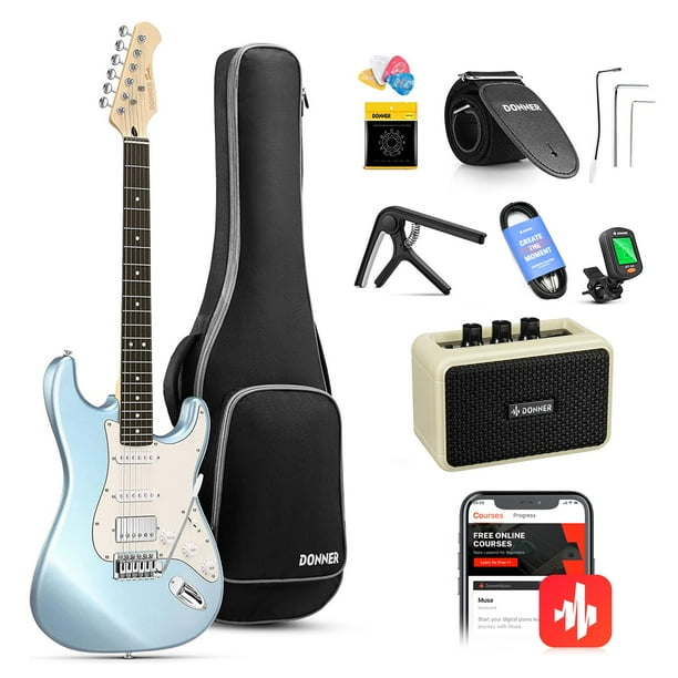 Donner DST-152R Guitarra eléctrica, kit de guitarra eléctrica para principiantes de 39", pastilla HSS con bobina dividida, juego de iniciación de guitarra con amplificador, bolsa, todos los accesorios