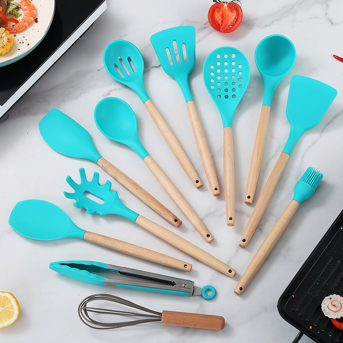 ReaNea Silicone Kitchen Utensils Set 38 Pieces and Utensil Holder (Blue)