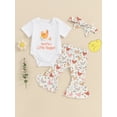 thumbnail image 2 of Bagilaanoe 3pcs Newborn Baby Girl Pants Set Letter Print Short Sleeve Romper Tops + Flare Trousers + Headband 6M 12M 18M 24M Infant Casual Clothes, 2 of 7