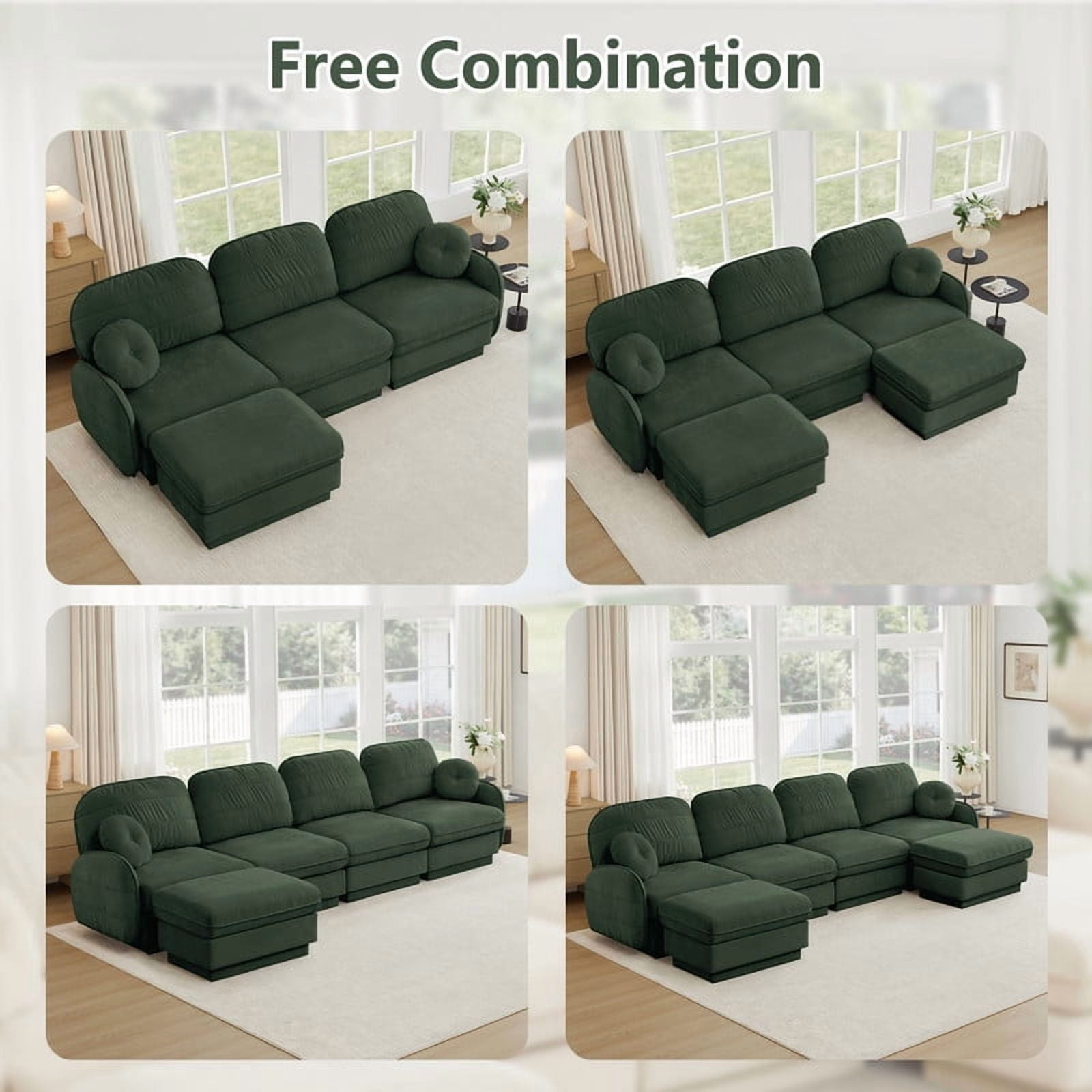 Chenille Modular Sofa with Ottoman, 2-Seater Deep Seat Cloud Couch, Convertible Sectional Sofa with Quilted Cushions & Round Pillows, Modern Sofa for Living Room, Apartment,Green