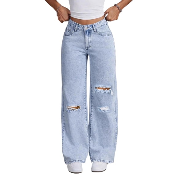 Women'S Ripped Jeans High Waisted Distressed Baggy Straight Wide Leg Pants Light Blue XL