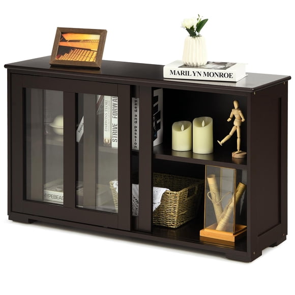 Giantex Stackable Buffet Cabinet, Kitchen Storage Cabinet with Sliding Tempered Glass Doors, Small Sideboard for Kitchen, Dining Room or Living Room, Espresso