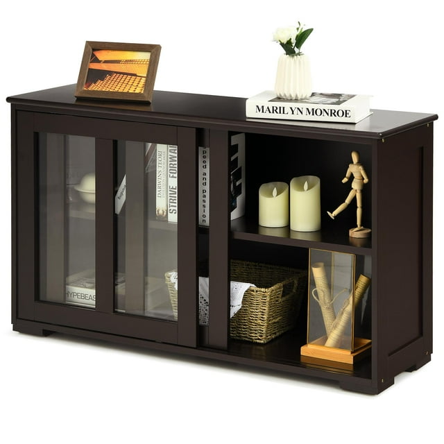 Giantex Stackable Buffet Cabinet, Kitchen Storage Cabinet with Sliding Tempered Glass Doors, Small Sideboard for Kitchen, Dining Room or Living Room, Espresso