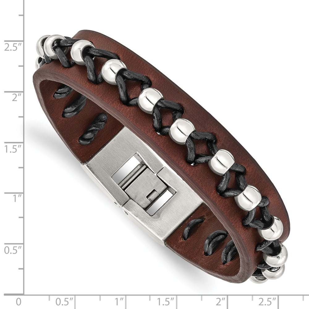 Diamond2Deal Stainless Steel Black and Brown Leather with Polished Beads Bracelet for Men 8.5"