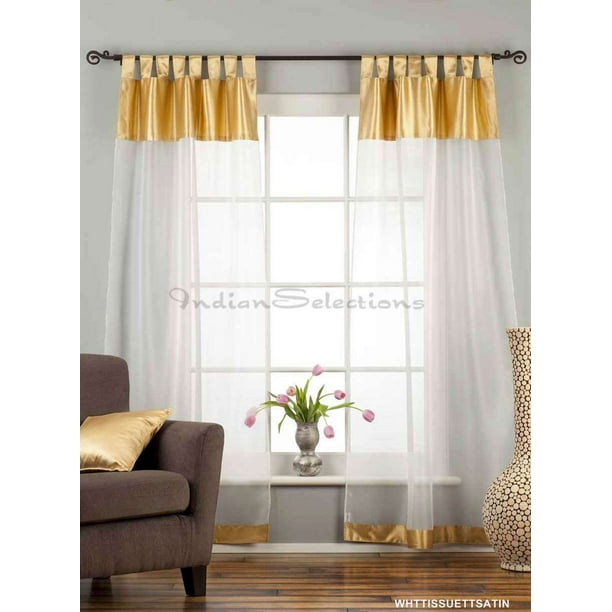 White with Gold Satin Tab Top Sheer Tissue Curtain / Drape / Panel-84 ...
