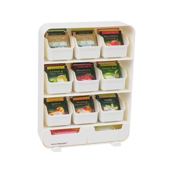 Mind Reader Tea Bag Organizer, Tea Station Organizer, Plastic, 10.25"L x 3.25"W x 13.75"H, White