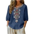 thumbnail image 2 of Women tshirts Sawvnm Embroidered Tops For Women 3/4 Sleeve Boho Linen Shirts Plus Size V Neck Tunic Peasant Clothes Navy S, 2 of 8