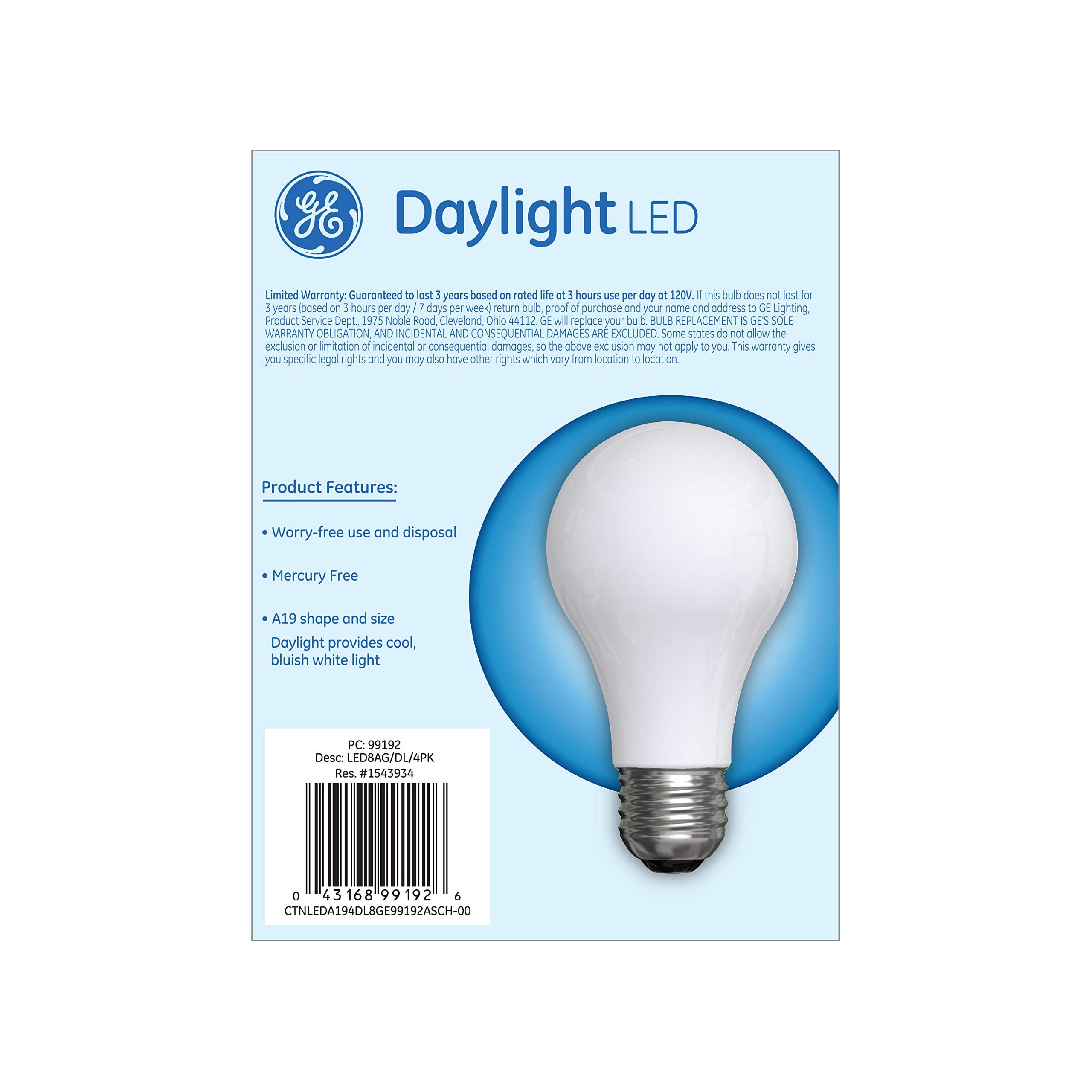 (12 bulbs) GE Lighting 99192 Daylight Classic Shape A19 LED 8 watts (60 Watt Replacement), 760-Lumen, Medium Base, Frosted Daylight, LED Light Bulb