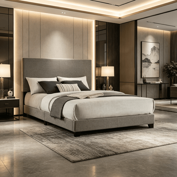 Taupe Upholstered Queen Size Bed Frame with Padded Headboard, Modern Panel Bed for Master Bedroom, Solid Wood Legs