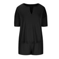 thumbnail image 4 of Womens Summer Trendy 2 Piece Outfits Short Sleeve V Neck T Shirts Drawstring Shorts Knit Ribbed Lounge Pajamas Sets, 4 of 5