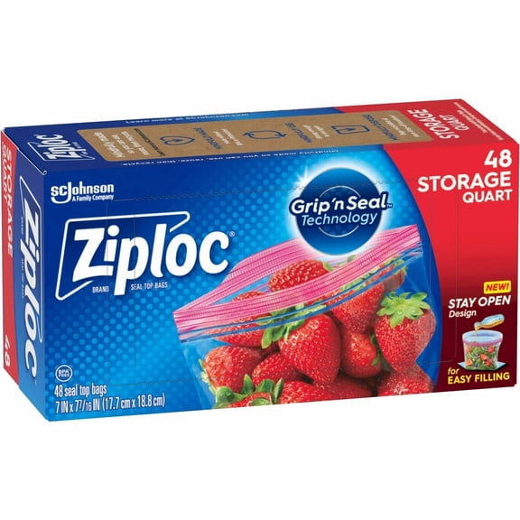 ZiplocĀ® Quart Storage Bags, Stay Open Design, Easy to Fill, 48 Count