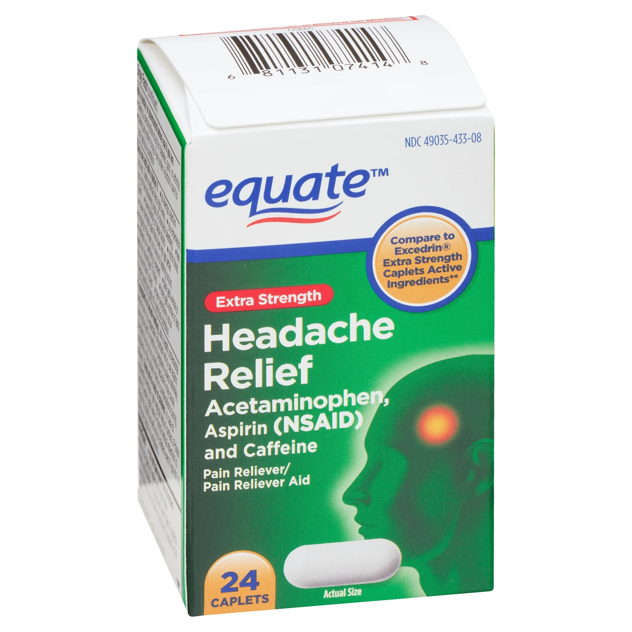 Caplets de Alivio de Dolor de Cabeza de Fuerza Extra Equate con Acetaminofén, Aspirina y Cafeína, 24 Unidades 5