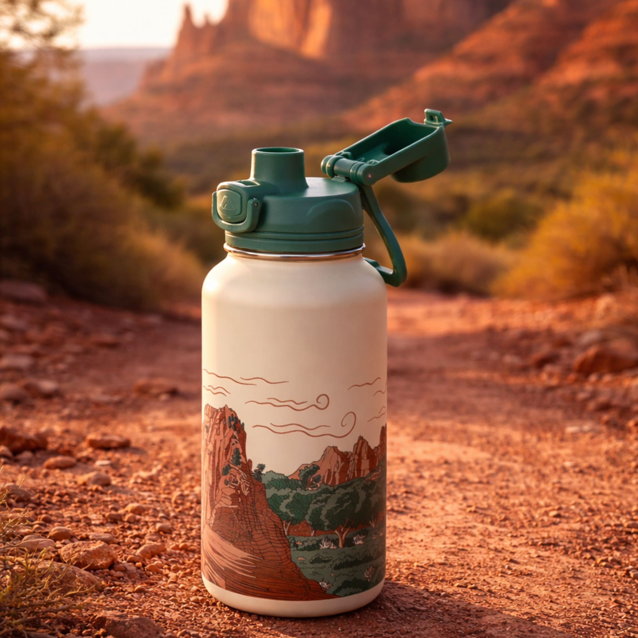 Botella de agua de acero inoxidable aislada de 32 oz con tapa pop, Desert Vista 5