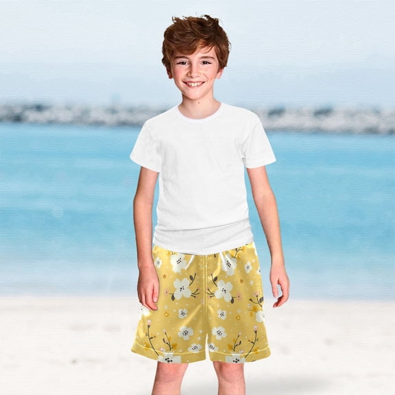 Yellow Floral Boys Swim Trunks Boardshorts Swimsuit Quick Dry Board Shorts Bathing Suit 2-12T