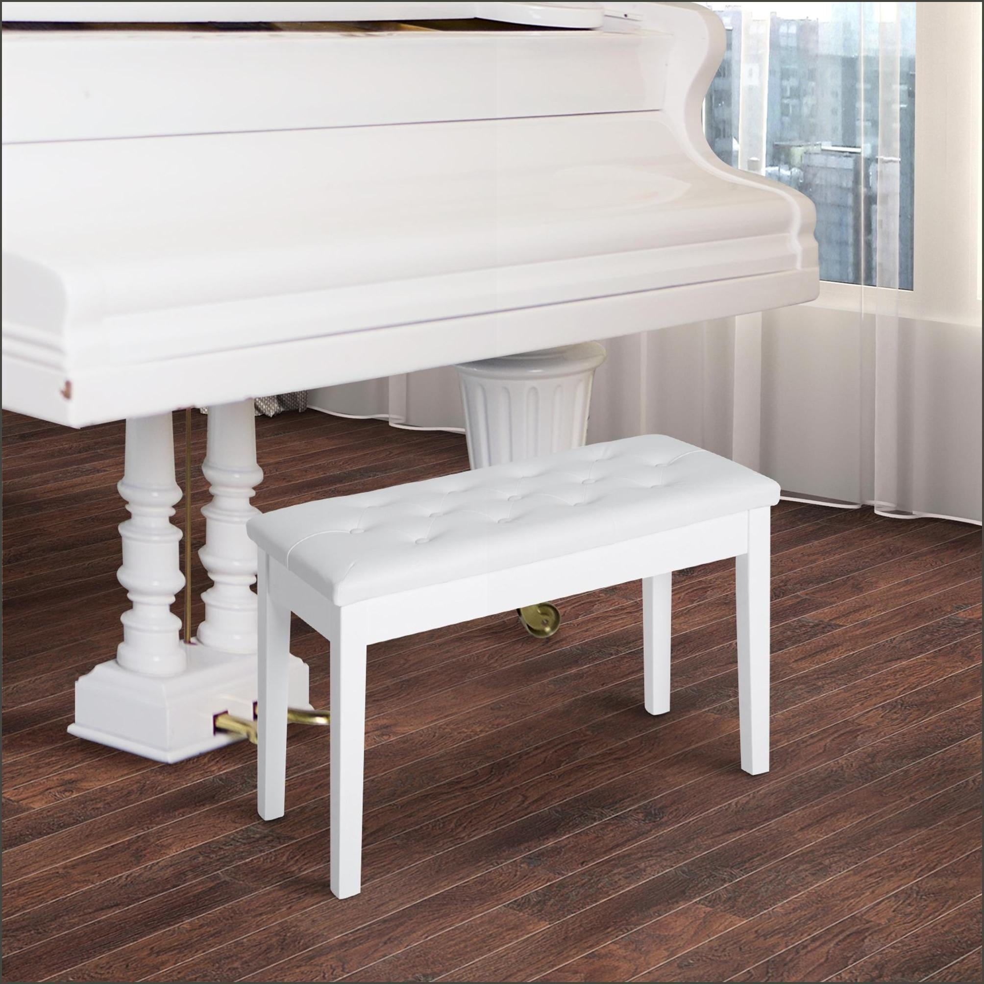 Piano Bench, Farmhouse 2-Seater Wooden Frame Faux Leather Tufted Seat for Piano Lessons | Ivory | Faux Leather