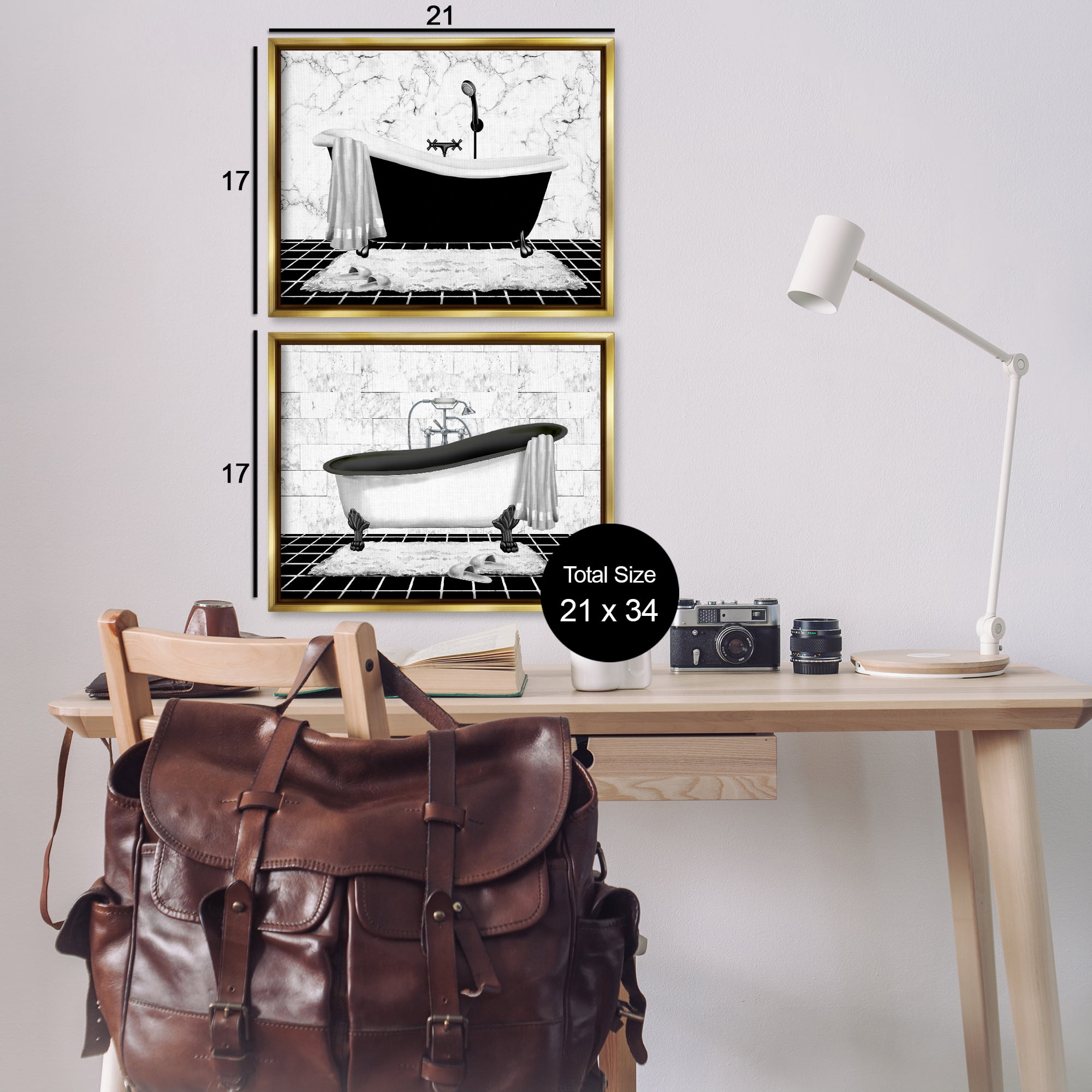 Stupell Industries Marble Clawfoot Soaking Tub Bath & Laundry Painting Gold Floater Framed Canvas Art Print Wall Art, 21 x 17, Set of 2