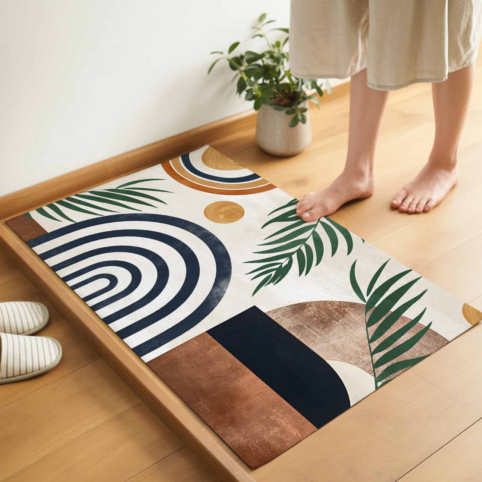 Boho Middle Century Indoor Door Mat - 18"x30", Non-Slip Welcome Mat for Outdoor, Modern Abstract Botanical Geometric Front Doormat for Entry, Low-Profile Doormat Entrance Rug for Kitchen/Bathroom