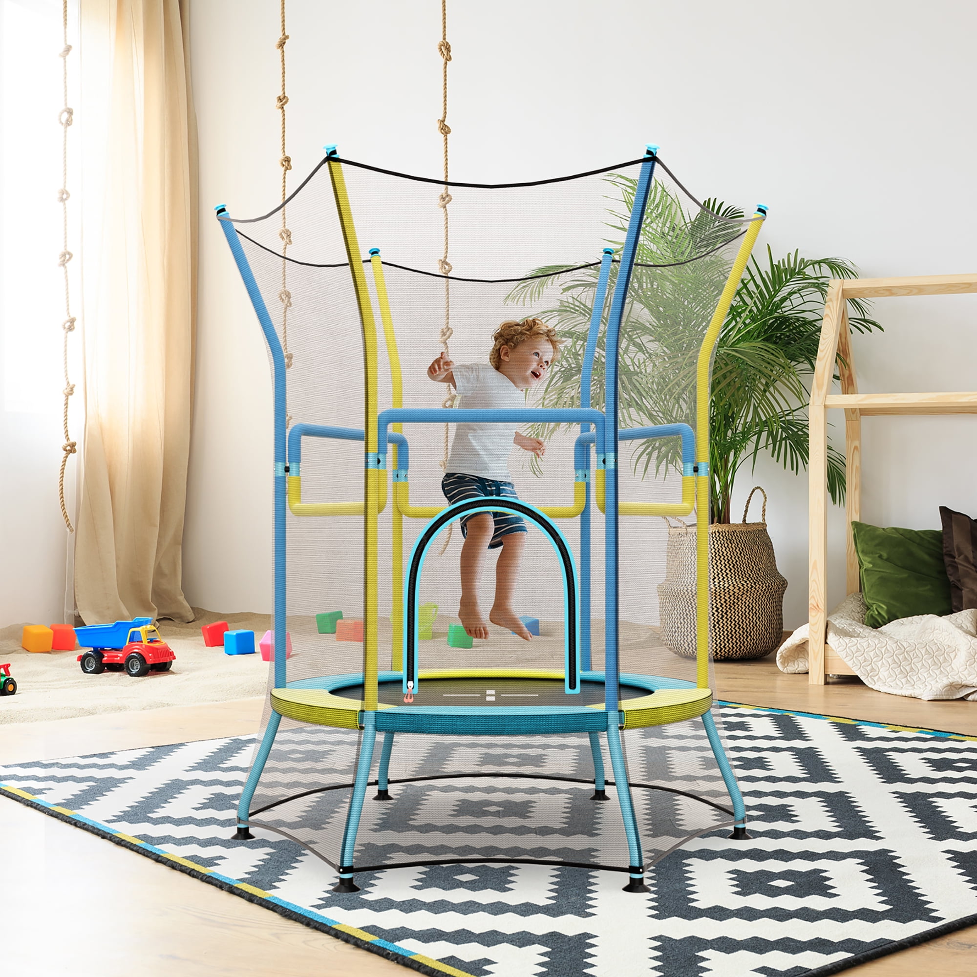 Gymax Kids Mini Trampoline w/ 59'' Higher Enclosure Net Seamless Jumping Mat Zipper Door Yellow & Blue