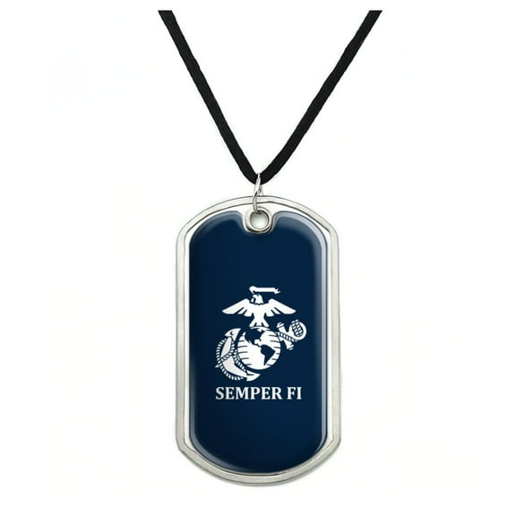 Marine Corps USMC Semper Fi Blue White Logo Officially Licensed Military Dog Tag Pendant Necklace with Cord