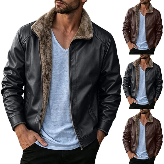 Men's Stand Collar Zip up Faux Leather Fleece Lined Jacket Winter Warm Motorcycle Jacket with Side Pockets