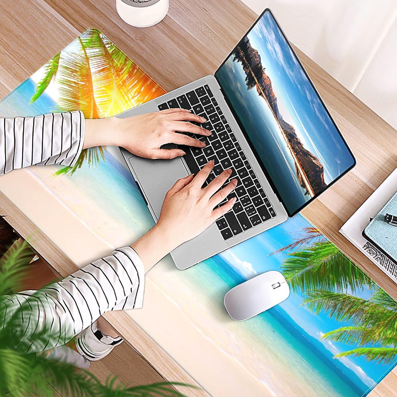 Sunshine Tropical Palm Trees Beach Desk Mat, Desk Accessory, Cute Workspace, Trendy Workspace, Trendy, 35.4x15.7in Large Gaming Mouse Pad, Cute Desk Topper, Pretty Desk Pad