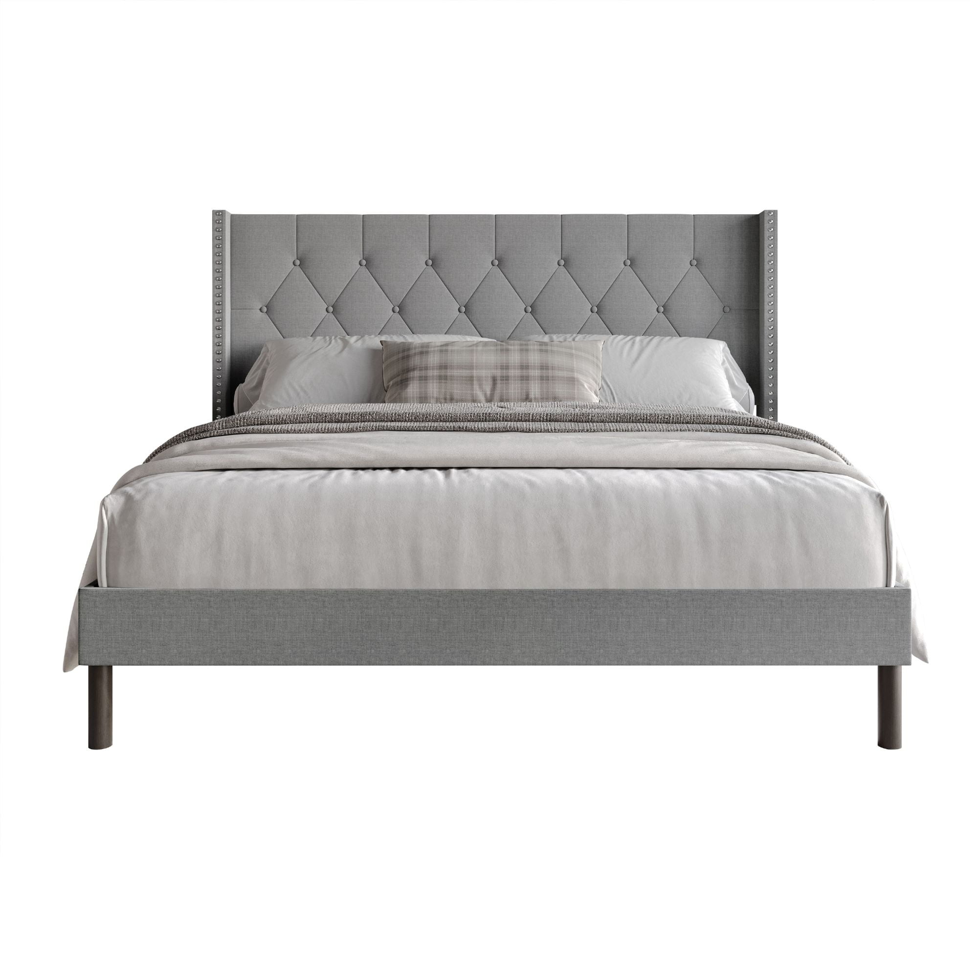 Home Design Cicero Queen Tufted Upholstered Wingback Panel Bed Frame with Button-Tufted Headboard & Nailhead Trim, Gray, Easy Assembly
