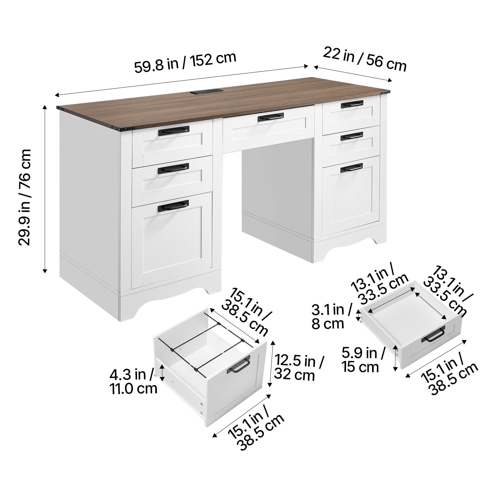 KFFKFF Executive Desk with Charging Station, Sturdy Office Table with Storage Drawers, 200 LBS Weight Capacity, Durable Particle Board Construction, Easy to Assemble, Ideal for Work, Study