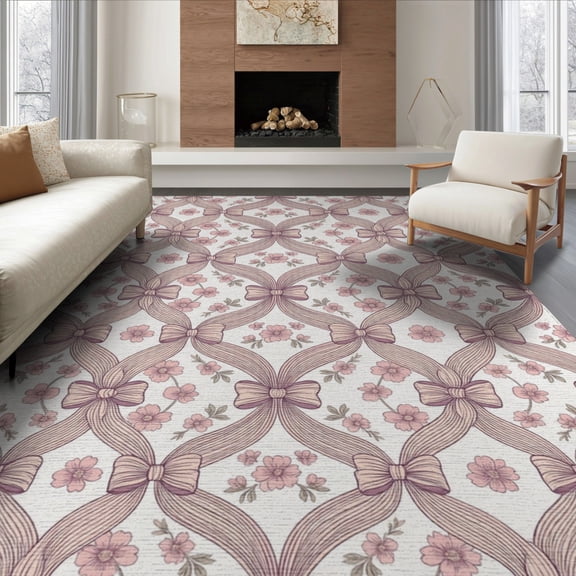 ODIKA 8'x10' Washable Area Rug Scatter Vintage Dainty Rosebud Clusters Pink Ditsy Refined for King Size Bedroom Under Bed, Master Suite, Non-Shedding, Easy Care