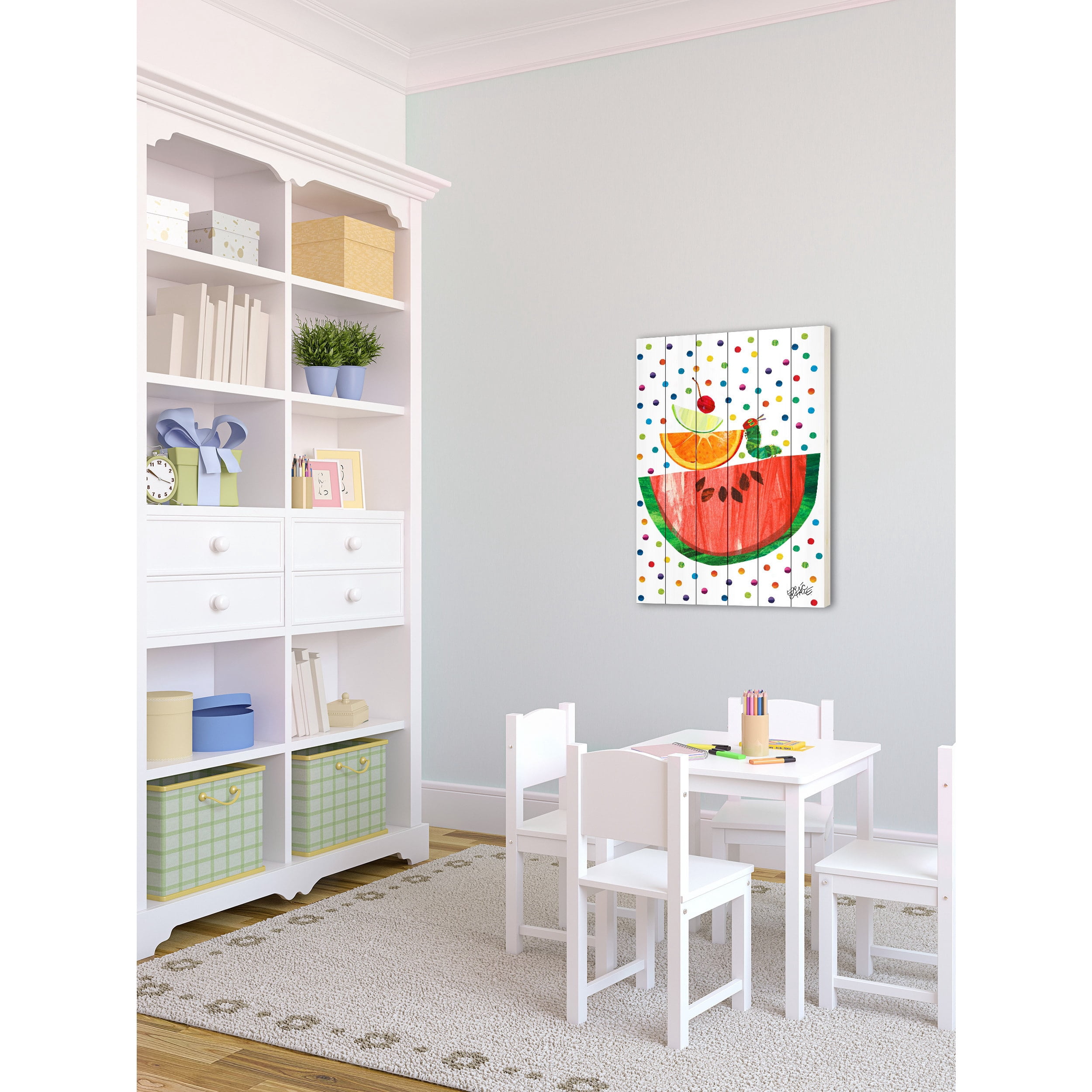 Watermelon and Caterpillar Art Print on White Pine Wood