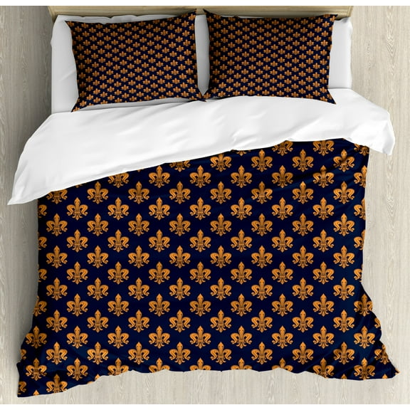 Fleur De Lis Duvet Cover Set King Size, Victorian Floral Pattern of Orange Color and Curly Ornaments Gothic Era, Decorative 3 Piece Bedding Set with 2 Pillow Shams, Dark Blue Orange, by Ambesonne